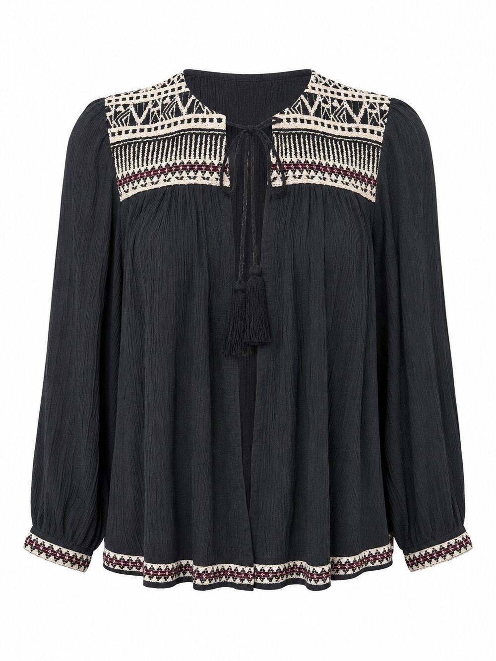 H&M Boho Embroidered Jacket Size 8 Black Tassel Boho Folk Hippie